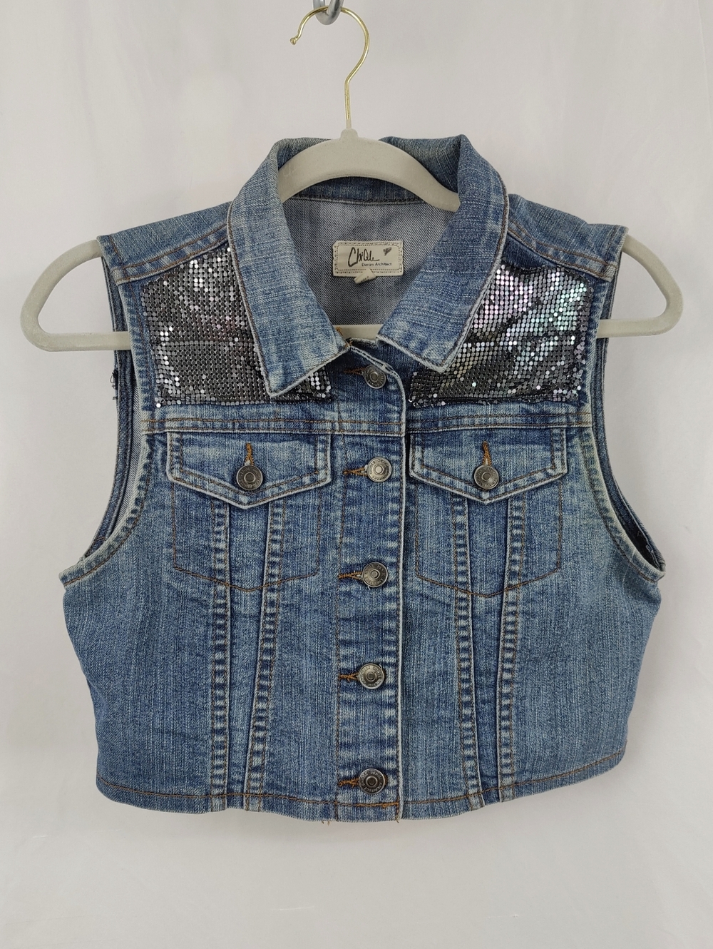Chi QLe Denim Architect Girls' Jean Vest Pewter Metal Mesh, Sz L